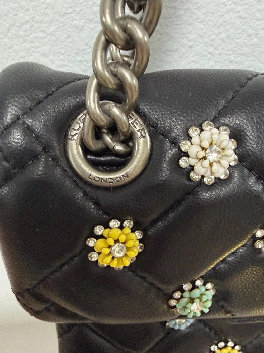 Kurt Geiger London Mini Kensington Black Quilted Bag Multicolor Flower Studs